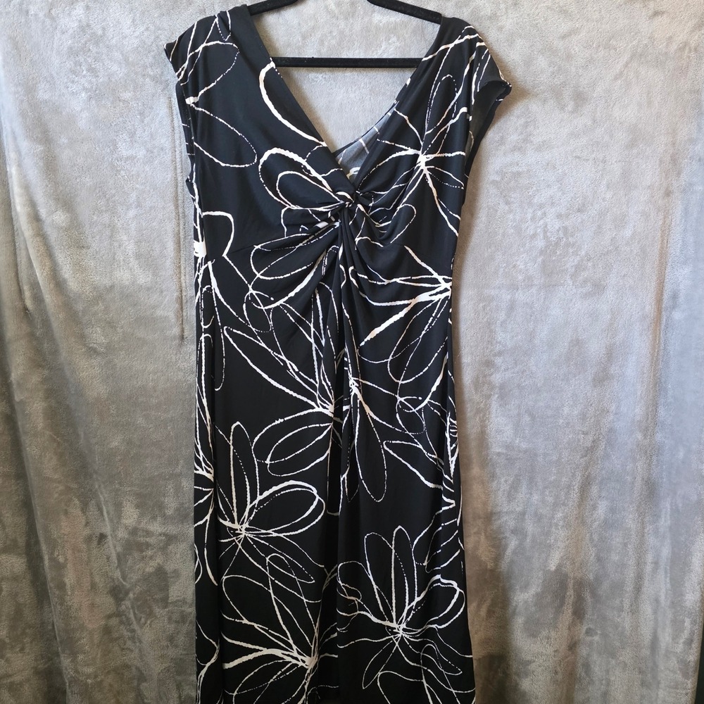 Lady Hathaway Black White Floral Twist Front V-Neck Midi Dress Womens 16